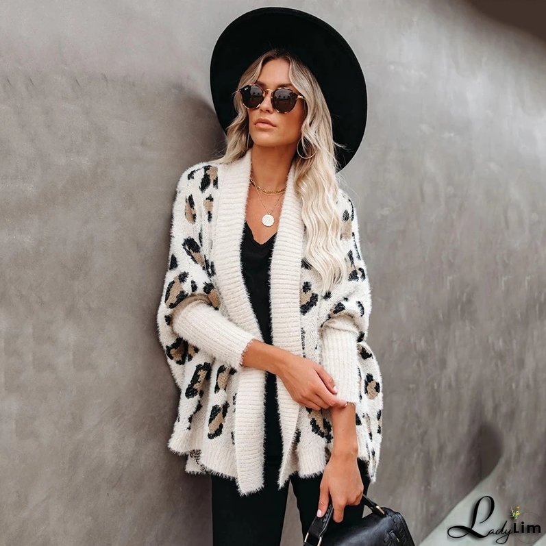 Trendy Leopard Print Bohemian Slim Dolman Sleeve Oversized Sweater Cardigan