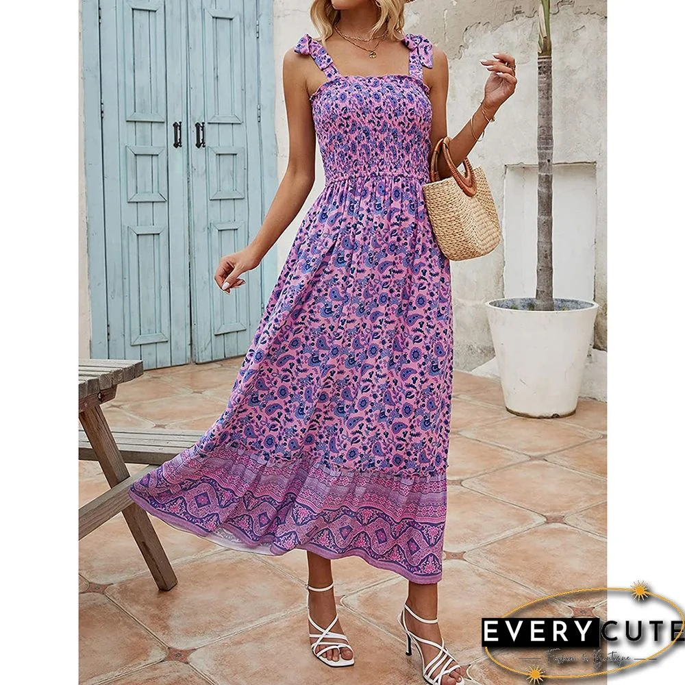 Purple Smocked Floral Print Boho Maxi Dress