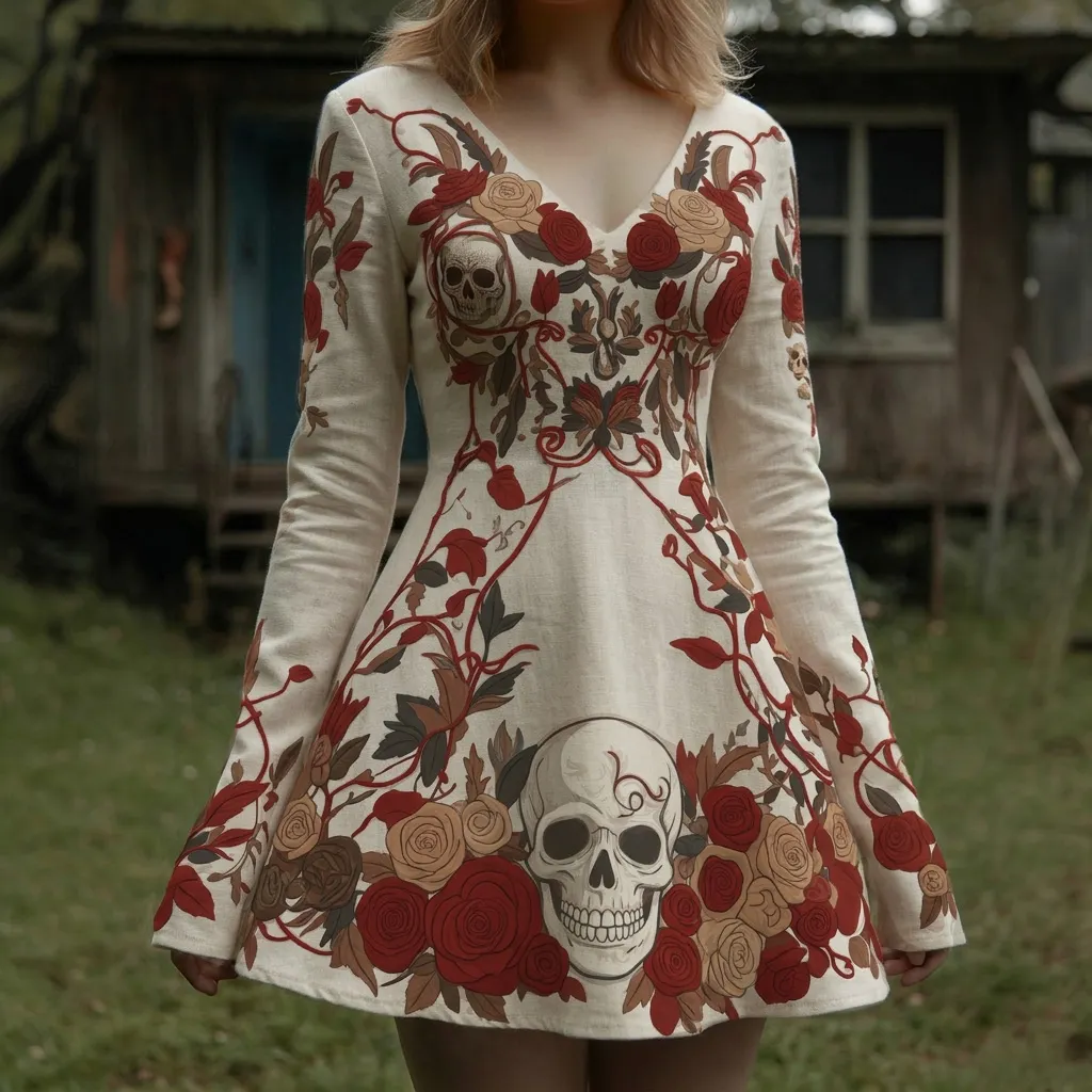 Comstylish Women's Retro Halloween Skull And Floral Print V-neck Long Sleeve Dress