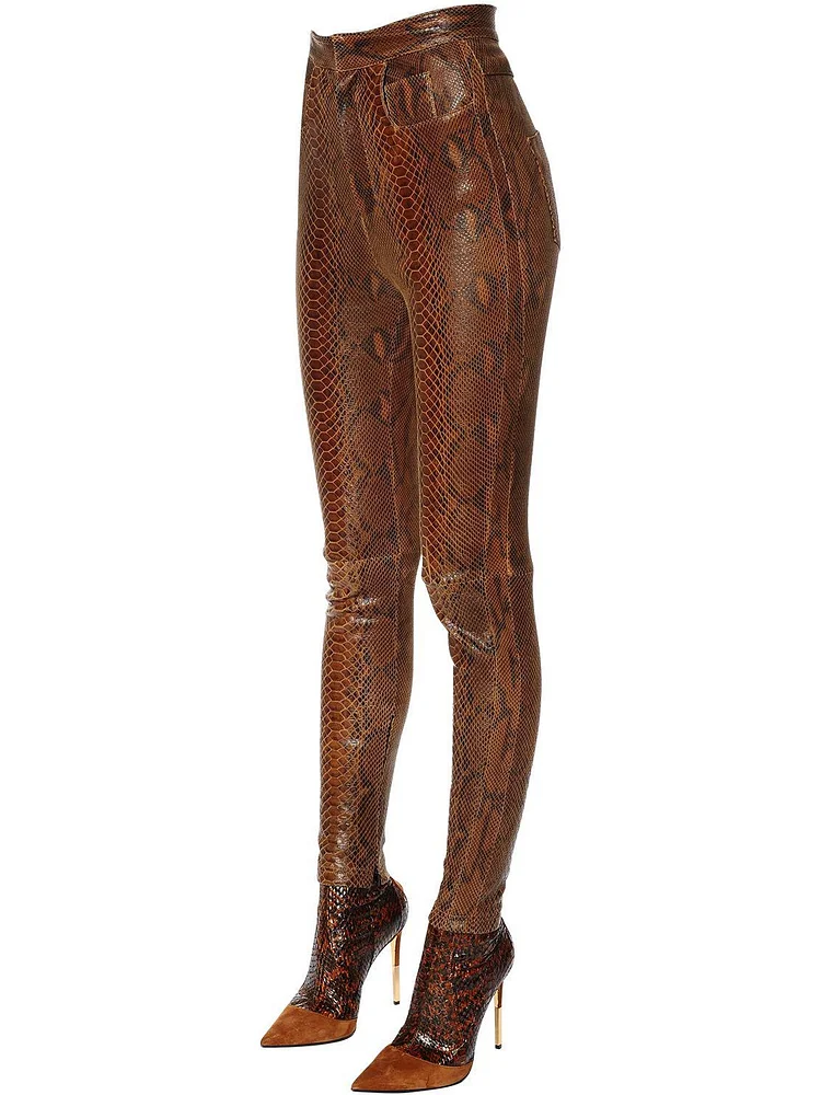 Brown Python Fashion Boots Sexy Stiletto Heel Legging Boots