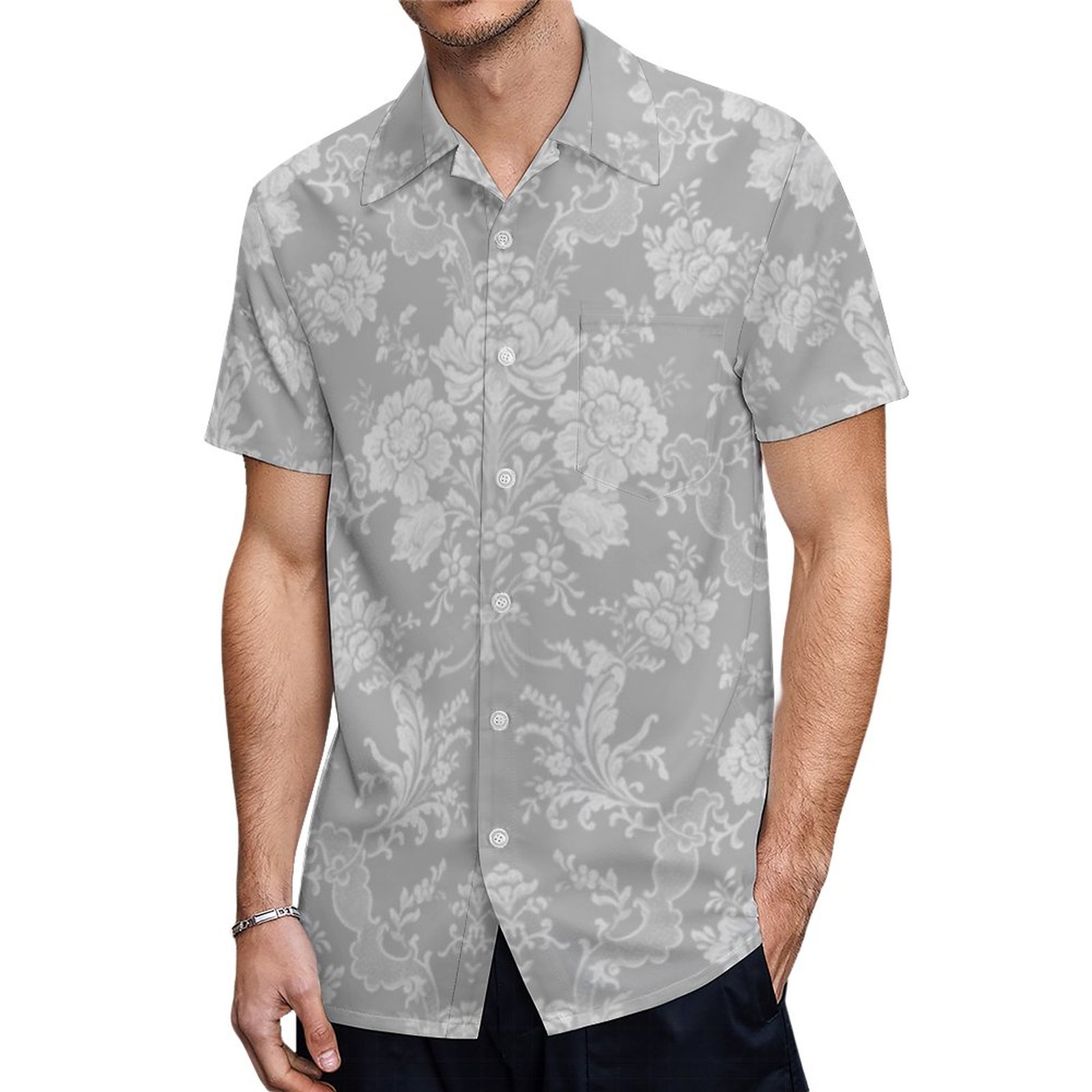 Elegant Romantic Chic Floral Damask Gray Hawaiian Shirt Mens Button Down Plus Size Tropical Hawaii Beach Shirts