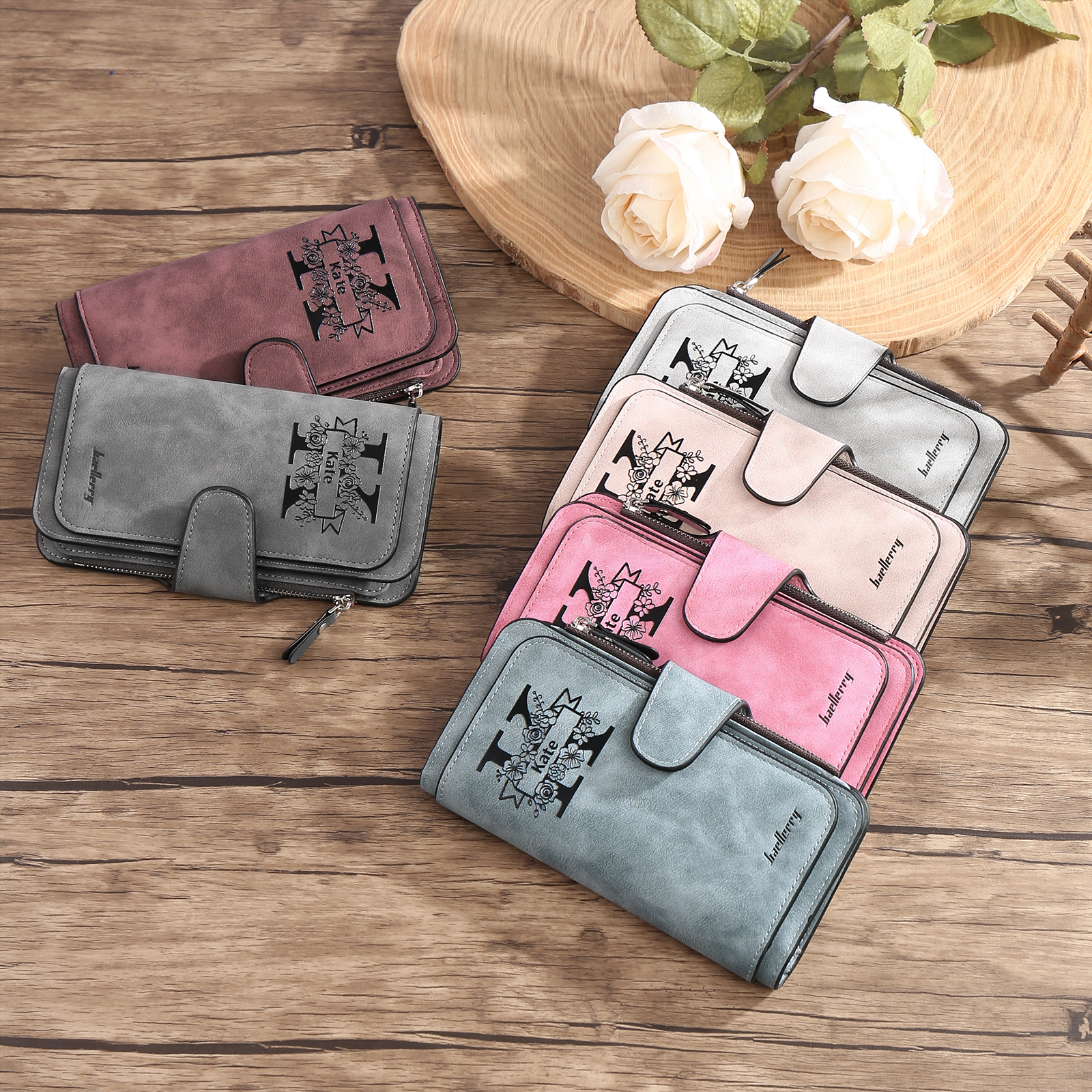 Portafoglio in PU pelle con 1 letetra & 1 testo & 1 nome & 1 foto personalizzati per mamma/nonna