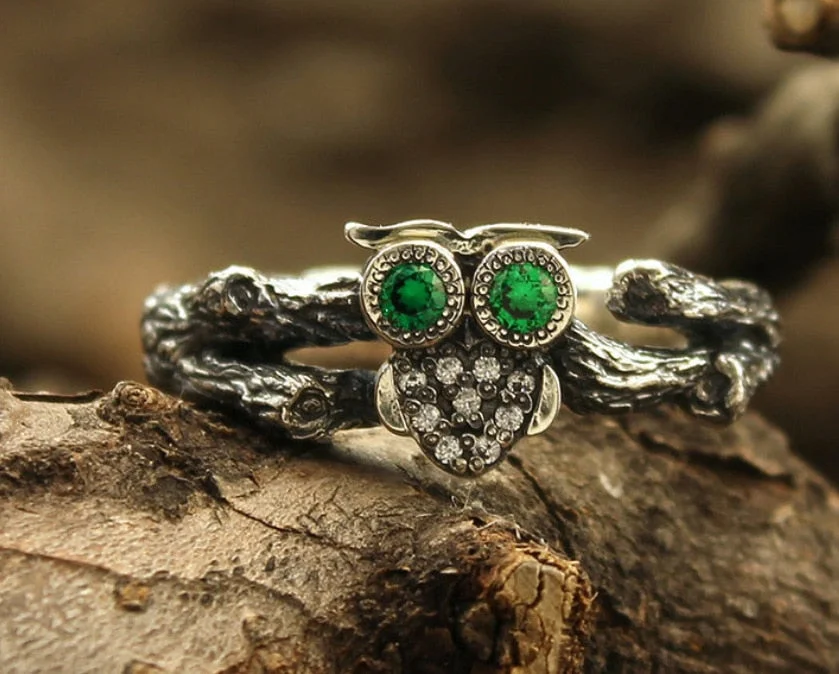 Vintage Boho branch Owl Ring geometric pattern Emerald Rings Wedding Party Jewelry