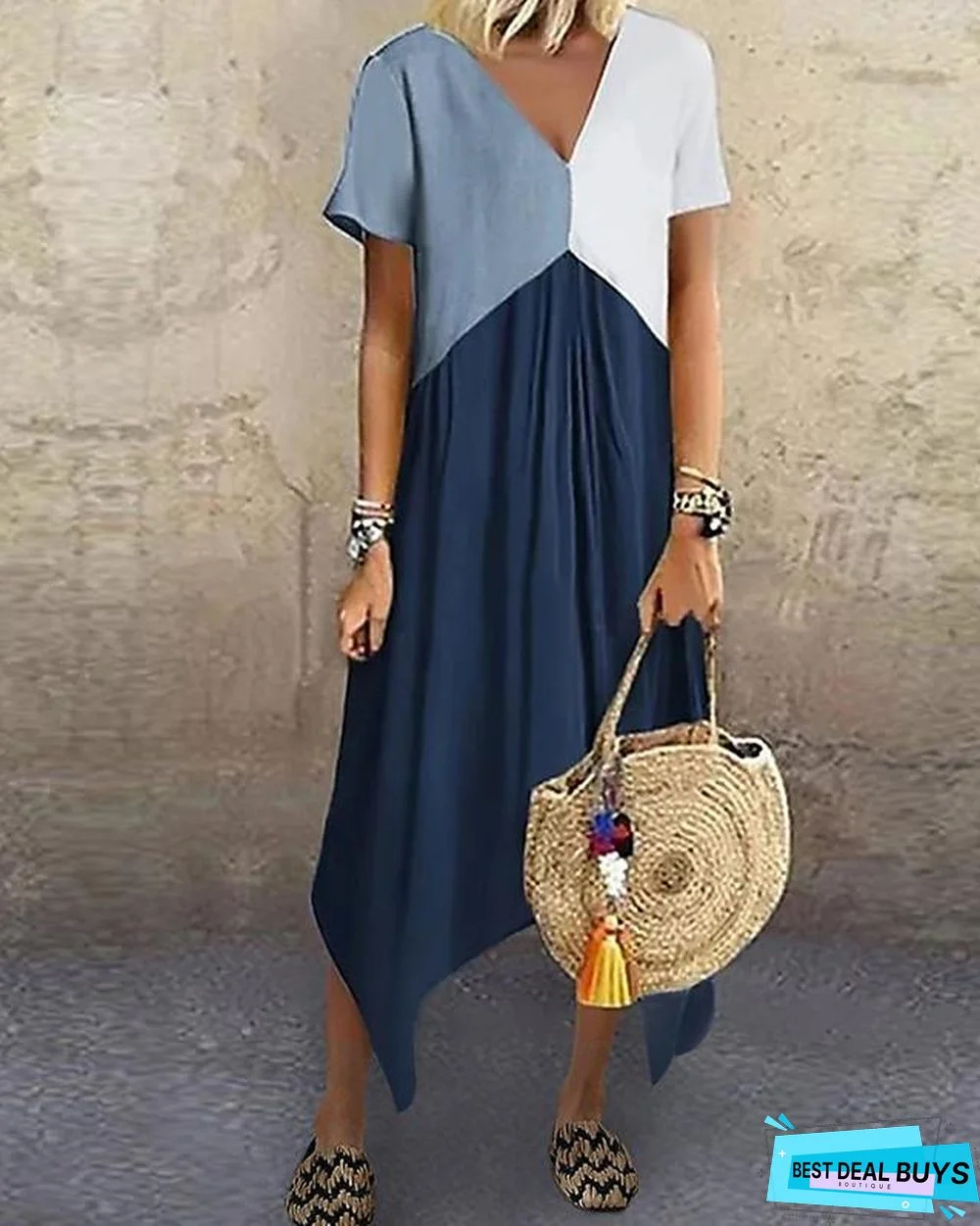 Women's A-Line Dress Midi Dress - Short Sleeve Color Block Color Block Spring & Summer V Neck Stylish Hot Red Green Gray Light Blue