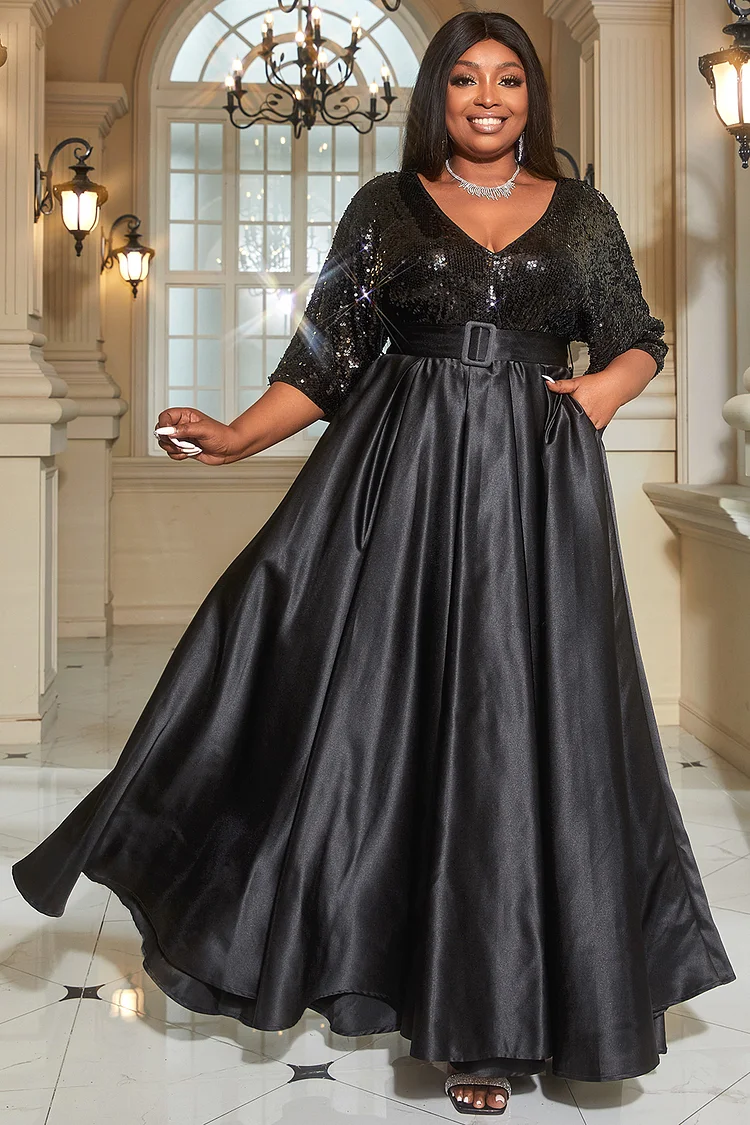 Xpluswear Design Plus Size Black Formal Lace Long Sleeve With Pocket Satin Maxi  Dresses