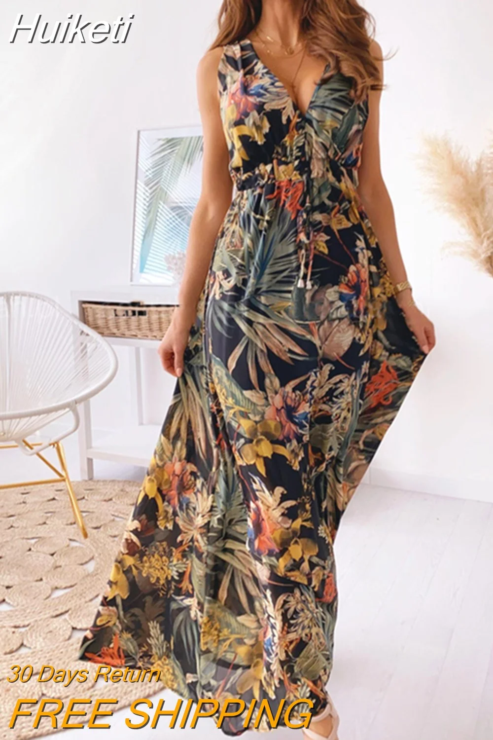 Huiketi Dress Women Maxi Dress 2023 Sexy Deep V Neck Print Boho Dress Summer Vintage Long Dresses For Women Robe Femme