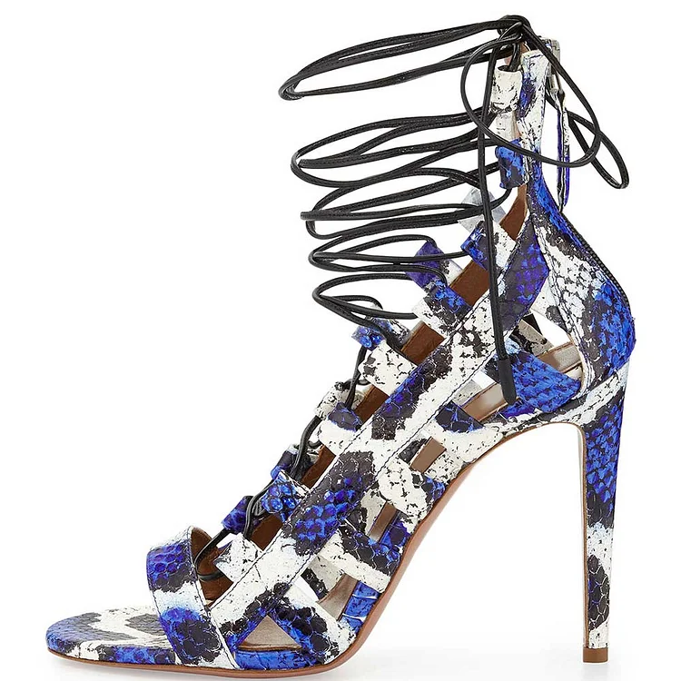 Blue Snakeskin Print Stiletto Shoes Open Toe Caged Lace Up Heels |FSJ Shoes