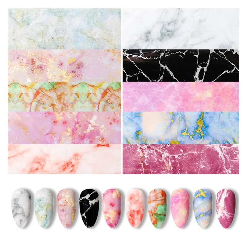 10Pcs/Bag Marble Nail Art Transfer Foil Sticker Flower French Tip Wraps Adhesive Decals Nails Decoration Manicures Accessories-Nail Inspo