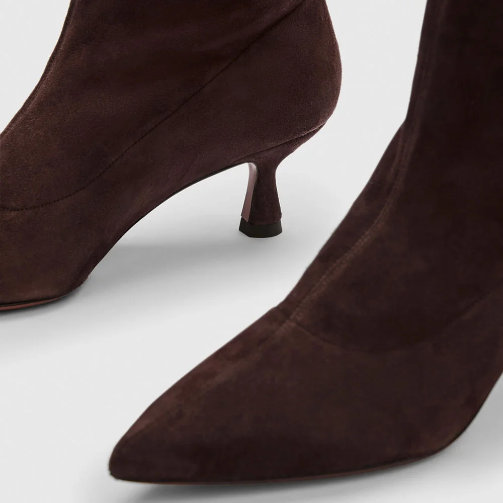 Pull-On Pointed Toe Kitten Heel Short Boots for Women in Brown