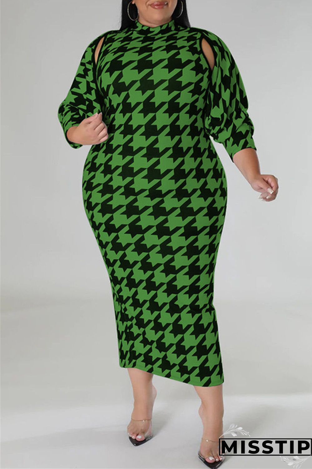 Red Casual Print Basic Half A Turtleneck Sleeveless Dress Plus Size Two Pieces