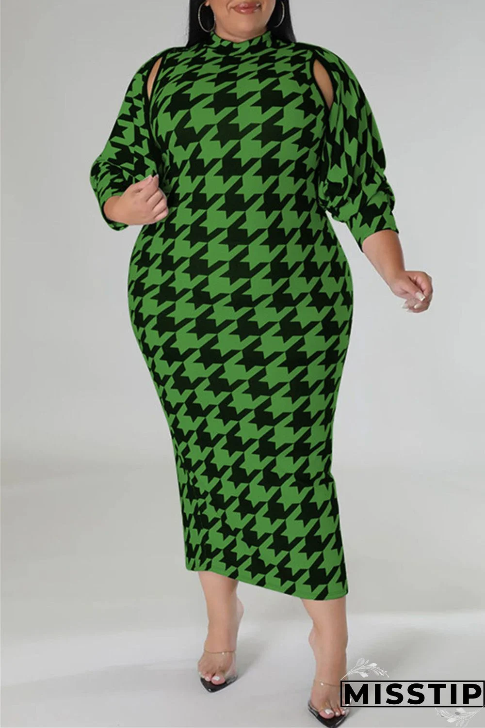 Red Casual Print Basic Half A Turtleneck Sleeveless Dress Plus Size Two Pieces