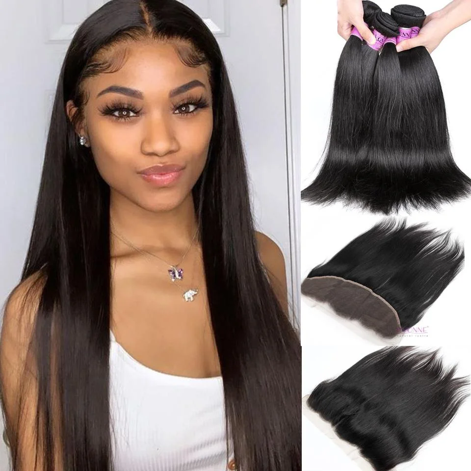 Free Shipping YVONNE Platinum Grade Natural Straight 13*4 Lace Frontal With 3 Bundles Hair Weaves