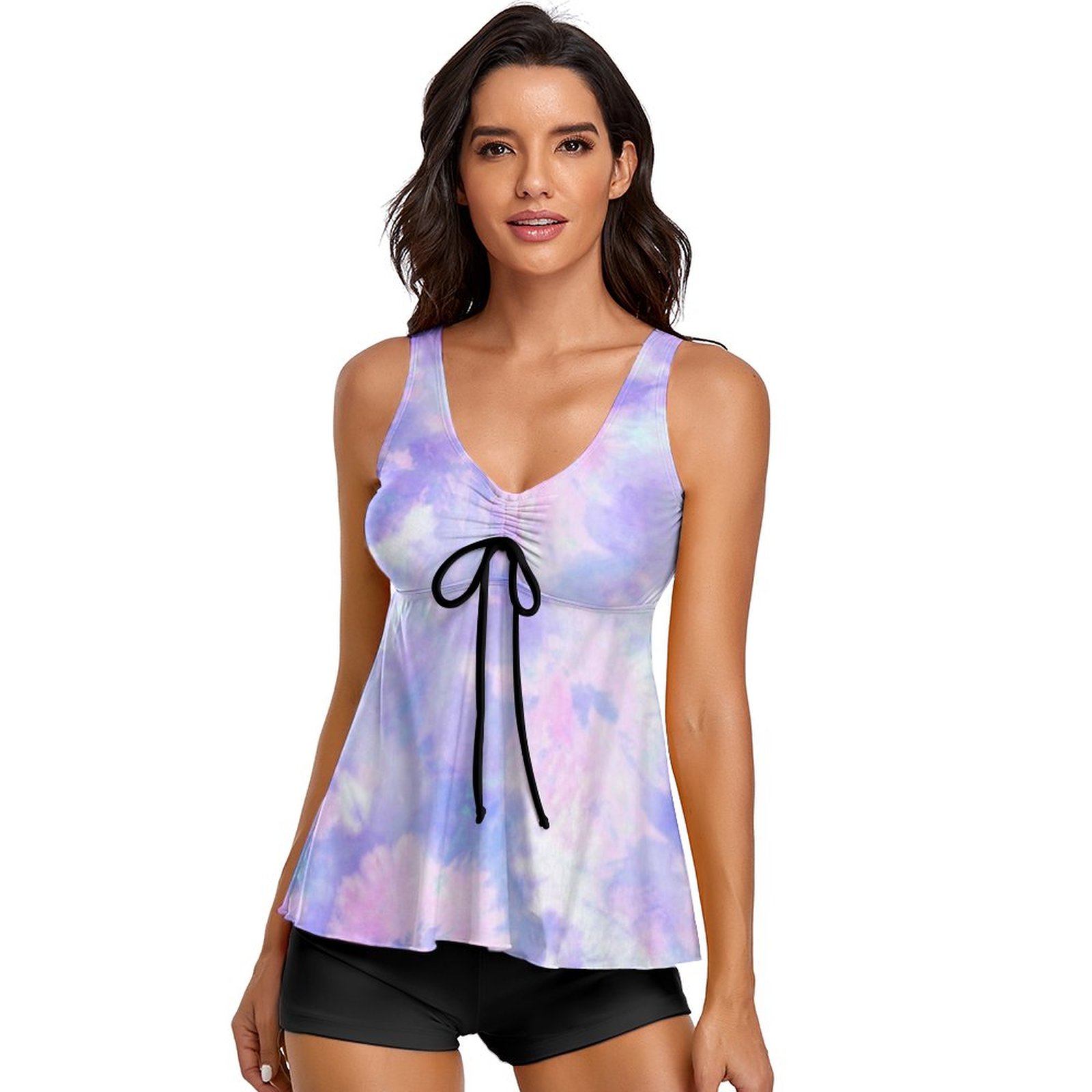 Women's Watercolour Two Piece Tankini Tummy Control Flowy Swimwear - Purple