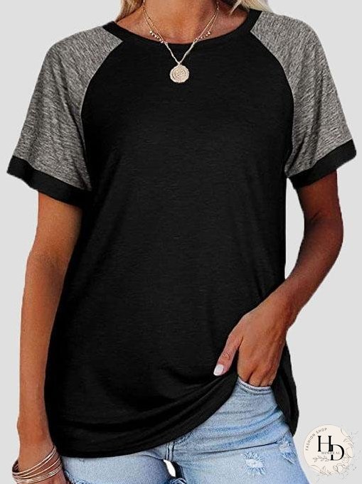 Casual Round Neck Short Sleeve Two Color T-shirts for Women