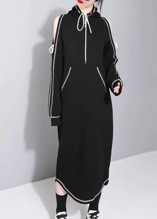 Chic Black Cold Shoulder hooded Long Summer Cotton Dress