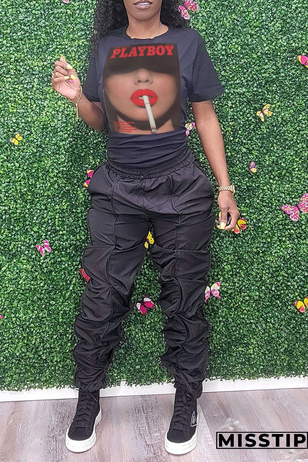 Black Street Vintage Print Patchwork O Neck T-Shirts