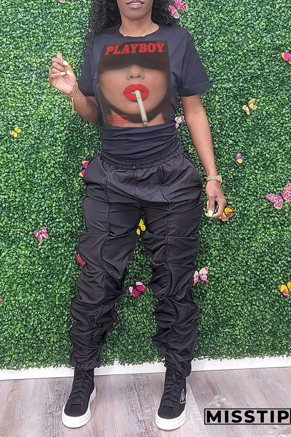 Black Street Vintage Print Patchwork O Neck T-Shirts