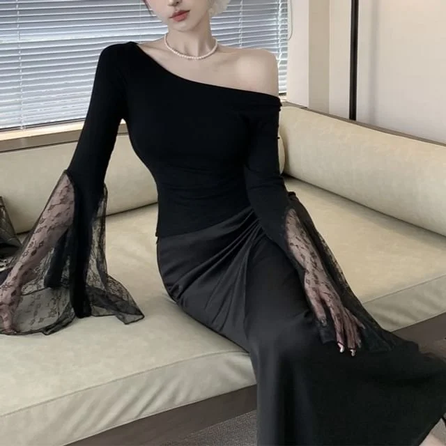 Long-Sleeve Off Top Panel Shoulder Lace Plain