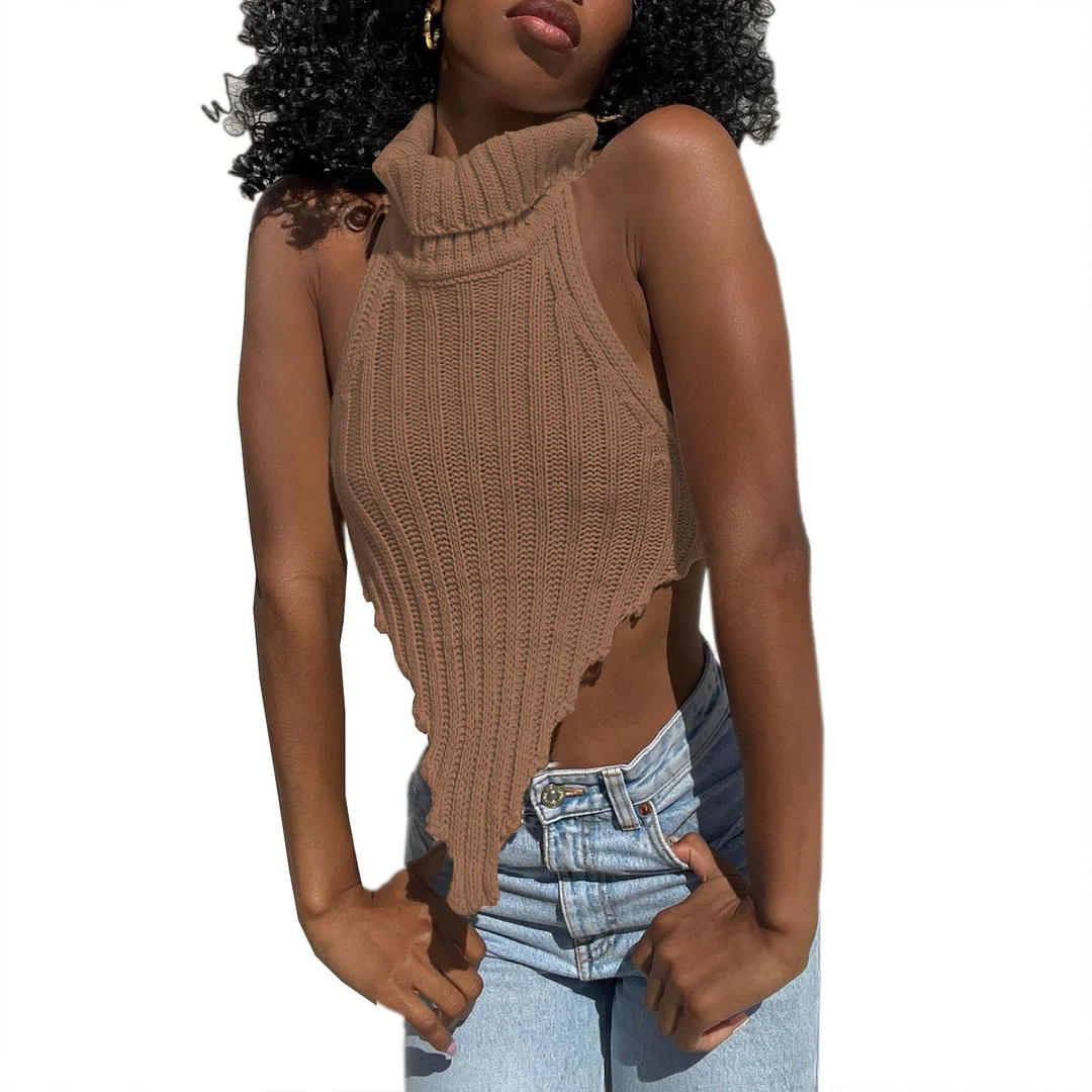 Uveng Spring And Summer New Explosion High-Collar Irregular Sexy Back Hair Weaving Small Vest