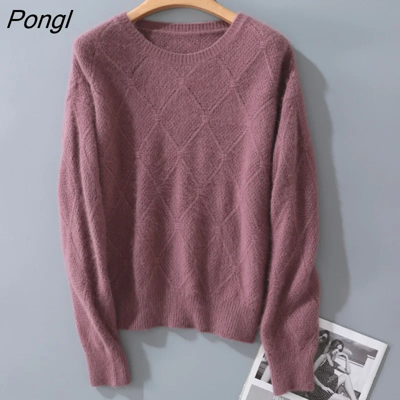 Pongl Women's Pure Mink Cashmere Sweater Autumn Pullover Knit Hollow Large Size Tops Fashion Bottoming Shirt Warm Female Jacket Thick