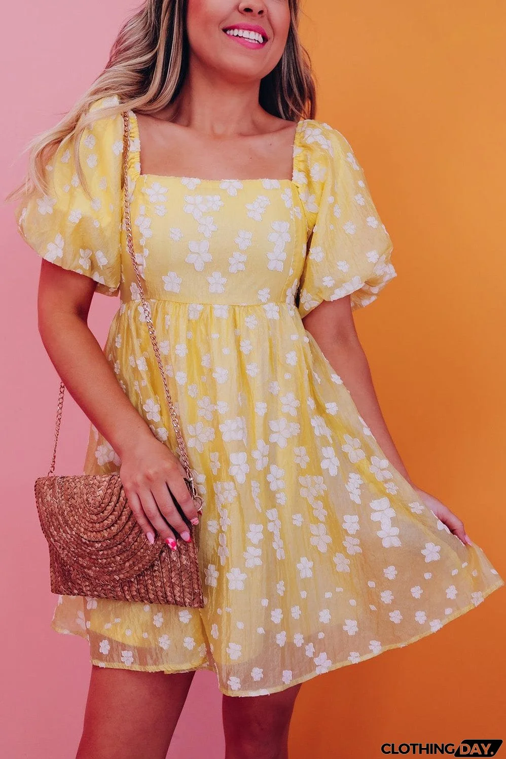 Yellow Floral Jacquard Boho Puff Sleeve Mini Dress