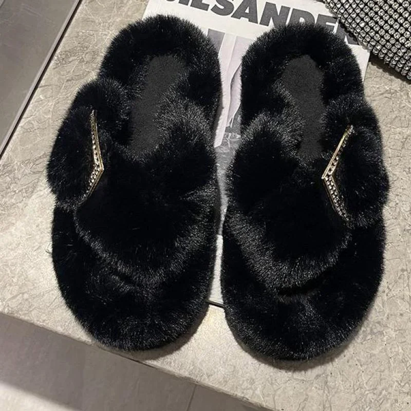 2022 New Women Fur Slippers Winter Slides Fluffy Furry Sandals Flip Flops Home Hot Ladies Plush Shoes Ytmtloy Indoor Zapato Muje