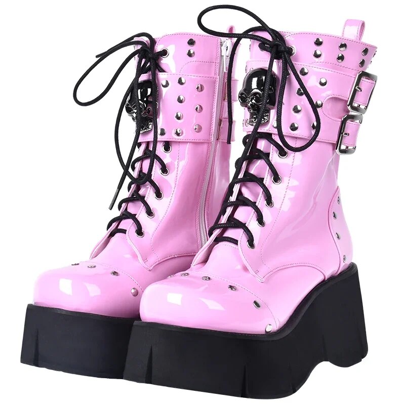 VCshoes Women Motorcycle Cool Punk Short Boots Lady Lolita Shoes Woman High Heels Pumps Skull Pink PL 10cm