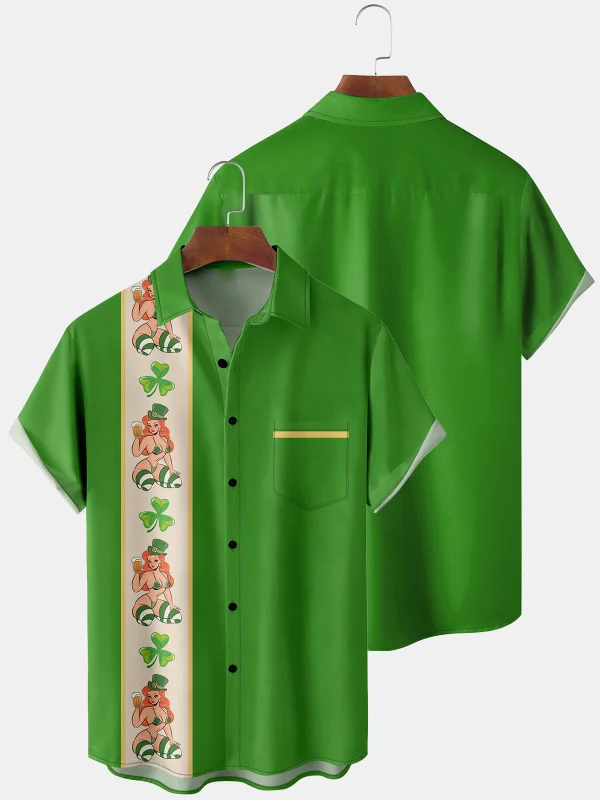 Retro green printed short sleeve shirt top