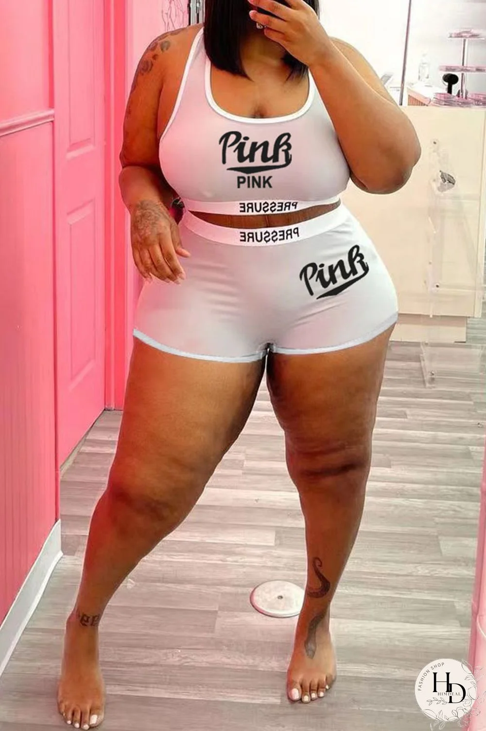 Blue Casual Letter Print Patchwork Spaghetti Strap Plus Size Two Pieces