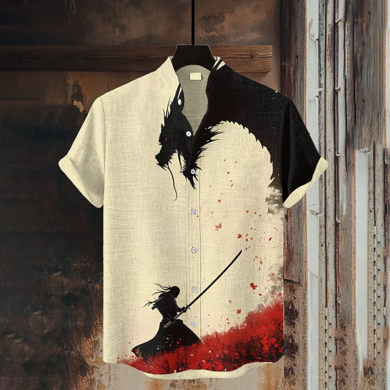 Men's Japanese Samurai And Dragon Art Linen Blend Cozy Shirt
