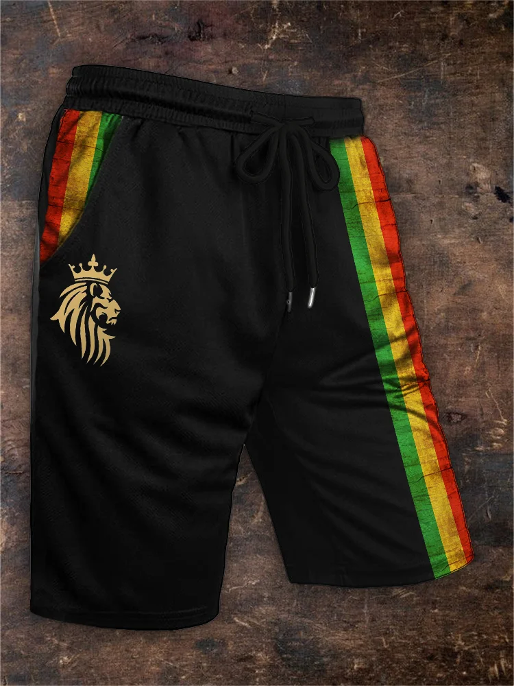 Men's Reggae Lion King Rasta Stripe Drawstring Shorts