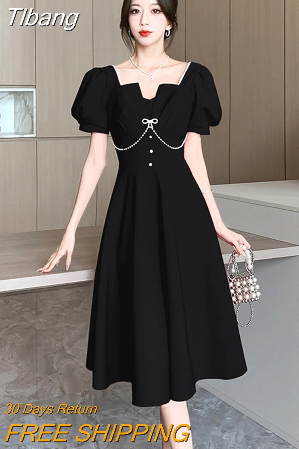 Tlbang Wedding Party Midi Dresses for Women 2023 New Summer French Chic Square Collar Female Clothes Luxury Evening Black Dress