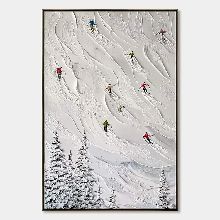 ALPINE RUSH: Textured Impasto Painting of Skiers on a Snowy Mountain（Canvas painting）