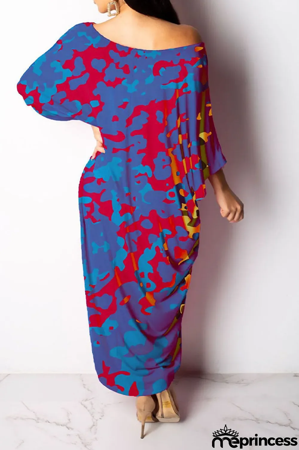 Green Casual One Shoulder Long Sleeves Step Skirt Ankle-Length camouflage Dresses