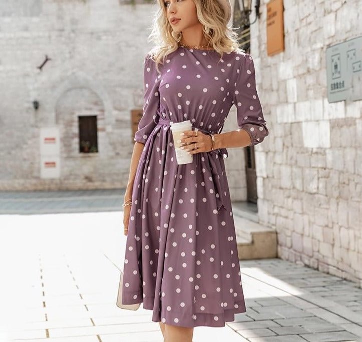 Elegant A-line polka dot women dress autumn Office lady o-neck belt women midi dresses Half sleeve female purple vestido - BlackFridayBuys