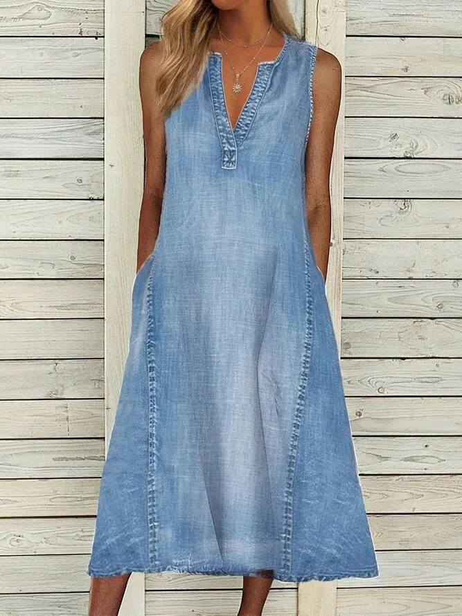 Cgacest Women Fashion V-neck Sleeveless Midi Dress Spring Summer Denim Pockets Casual Loose Beach Long Dresses Streetwear 2025