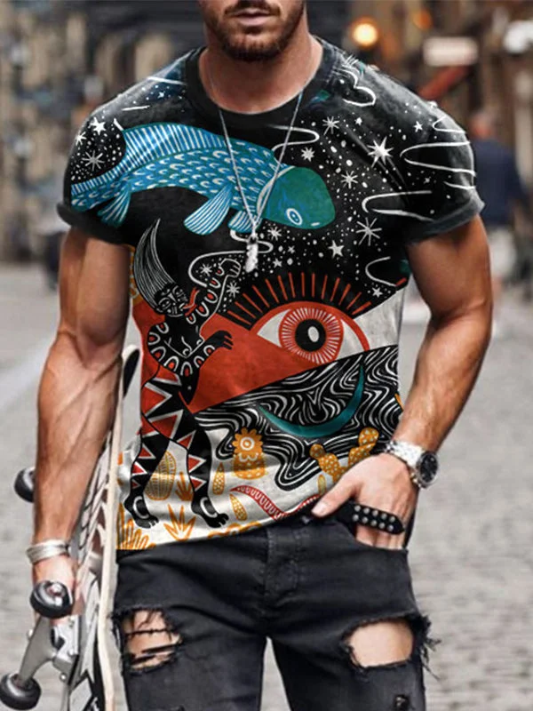Space Fish Printed Round Neck Loose T-shirt