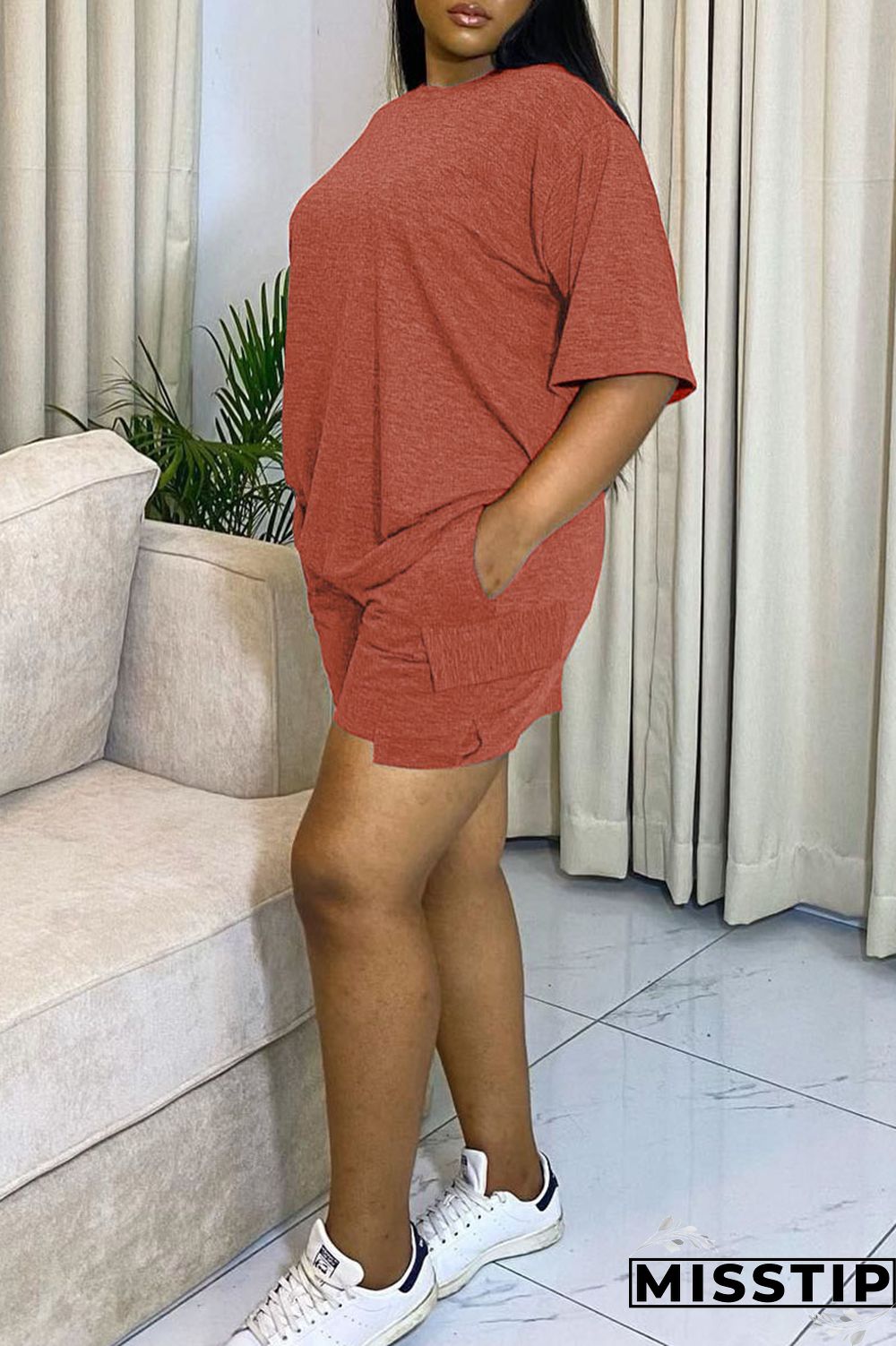 Orange Red Casual Solid Patchwork O Neck Short Sleeve Two Pieces