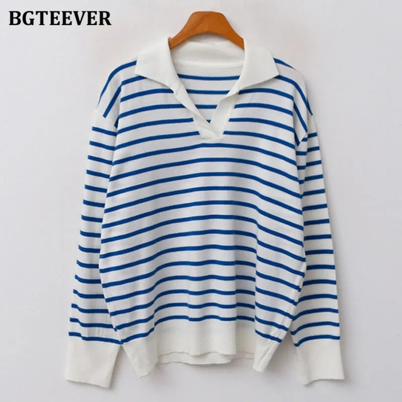 BGTEEVER Casual Turn-down Collar Striped Women Sweaters 2021 Autumn Sweater Long Sleeve Loose Female Knitted Pullovers Tops