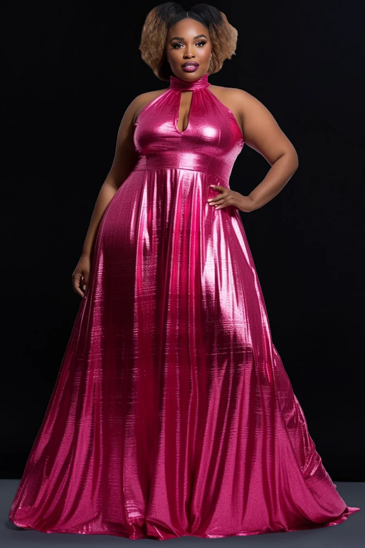 Xpluswear Design Plus Size Prom Hot Pink Halter Collar Cut Out Backless Glitter Maxi Dresses [Pre-Order]