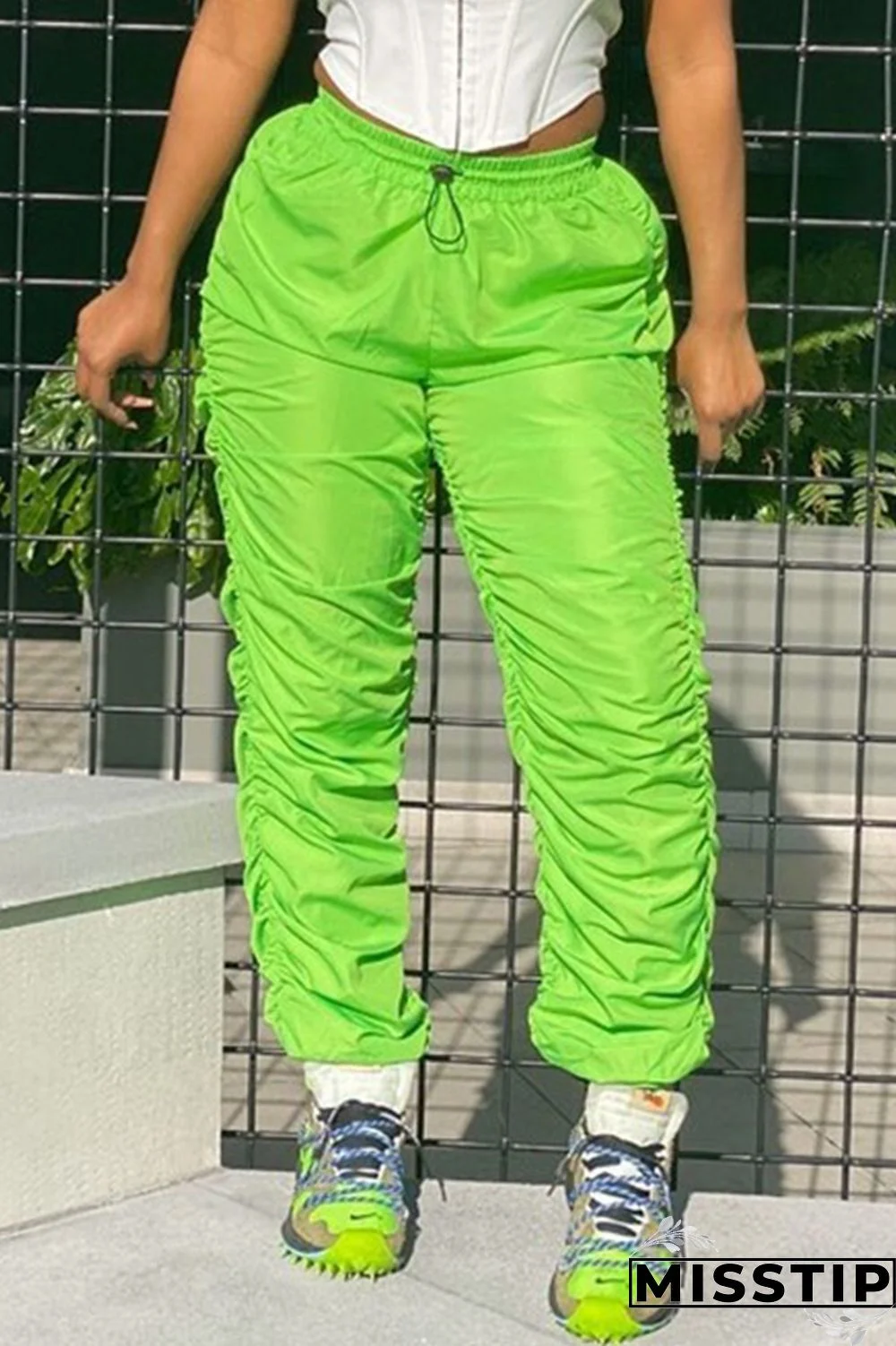 Green Elastic Fly Sleeveless Mid Patchwork Draped Solid Straight Pants