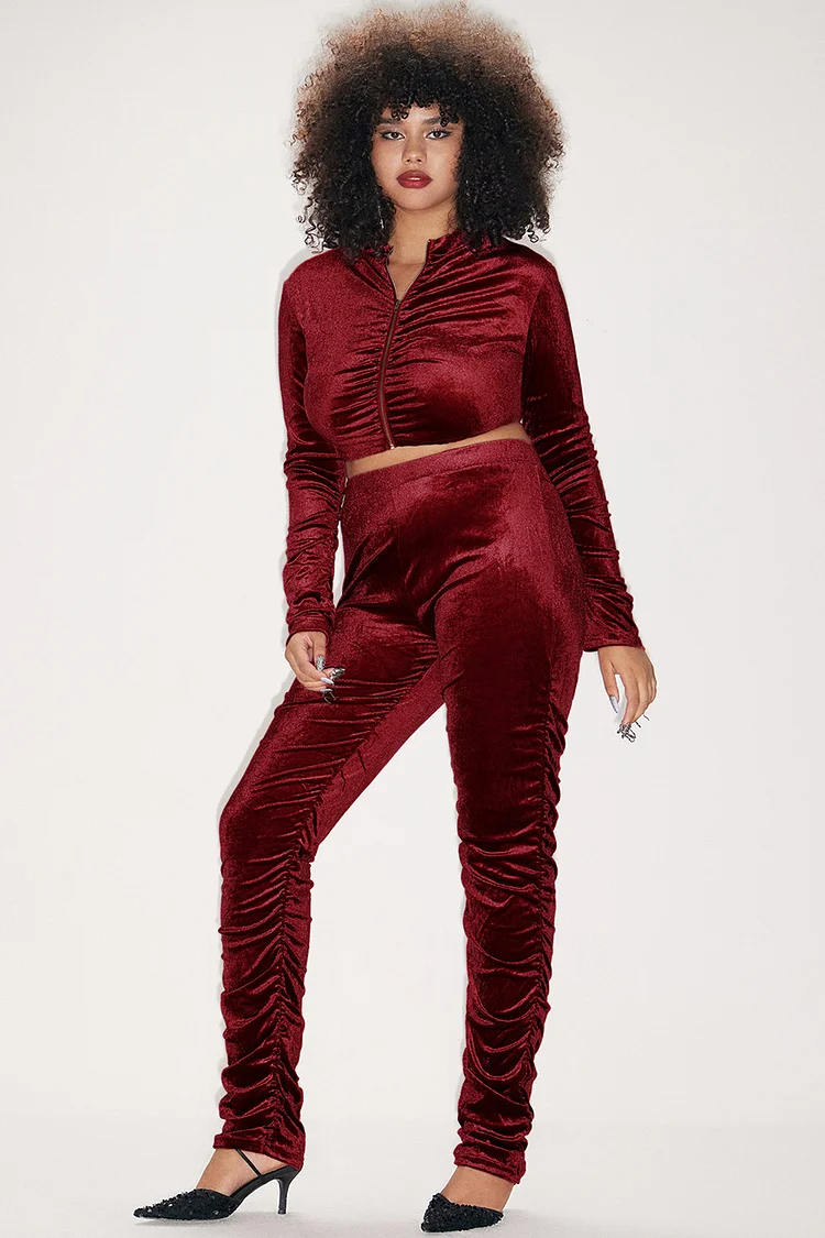 Xpluswear Design Plus Size Daily Pant Set Burgundy Solid Color Long-Sleeved High-Waisted Velvet Two Piece Pant Set [Pre-Order]