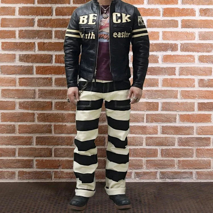 OKONKWO Mens Canvas Denim Pants Classic Prisoner Striped Motorcycle Jeans  Pants