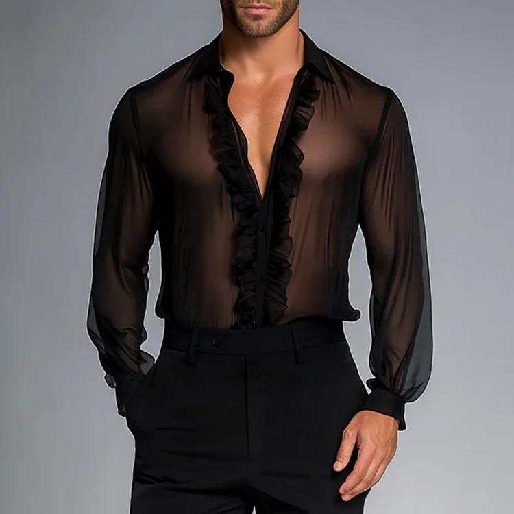 Okaywear Mesh See-Through Ruffled Button Long Sleeve Shirt 