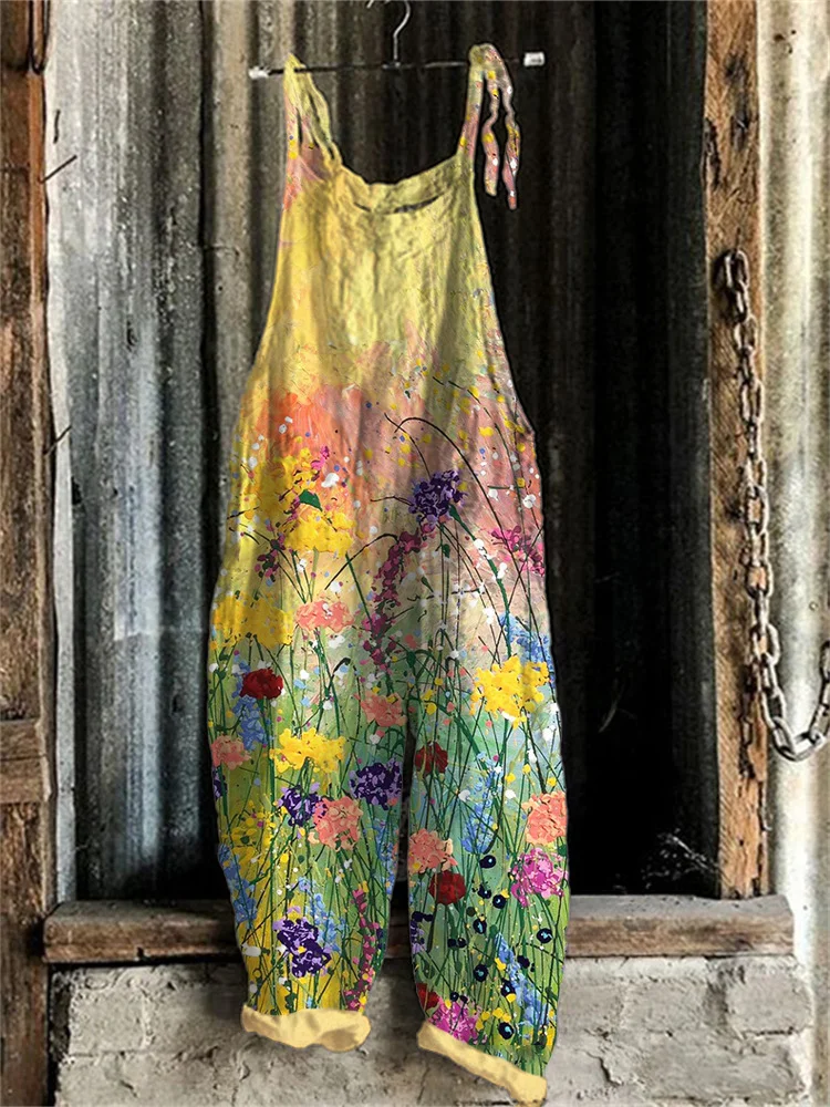 Women's Cute Print Linen Blend Casual Jumpsuit