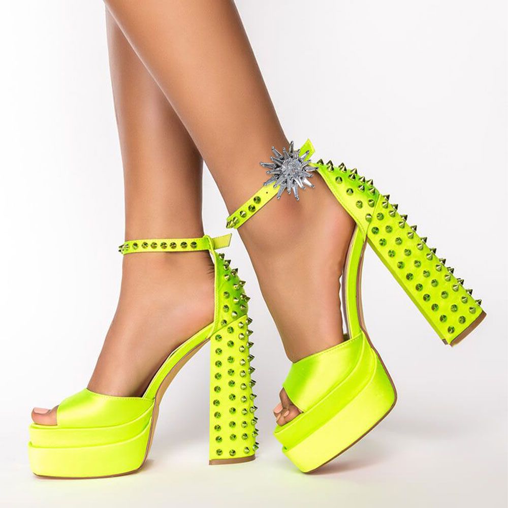 Neon Yellow Satin Chunky Heel Y2K Platform Sandals with Rivets Nicepairs