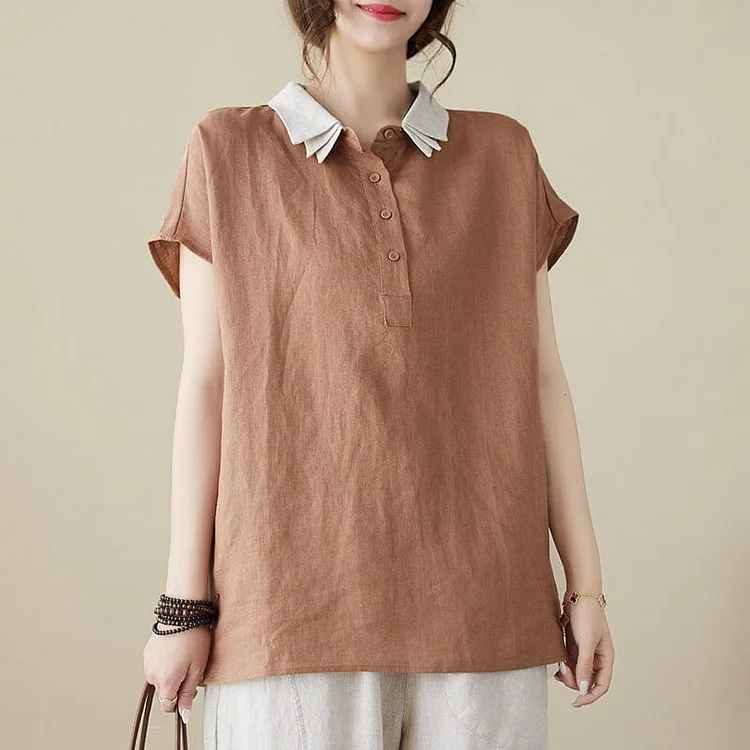 Women Summer Casual Polo Neck Linen Blouse