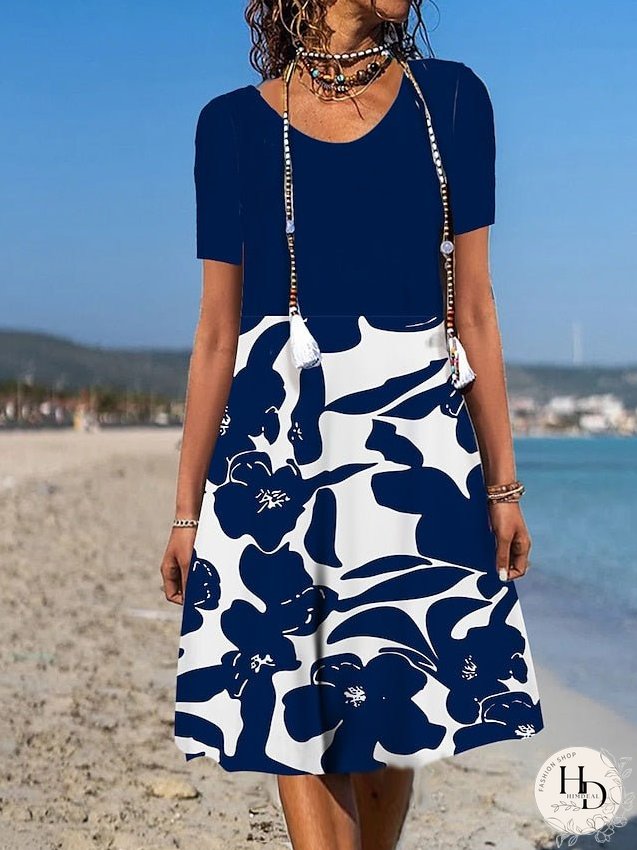 Casual Dress Floral Dress Summer Dress Graphic Floral Pocket Print Crew Neck Midi Dress Fashion Modern Daily Holiday Short Sleeve Loose Fit Aqua Blue White Light Green Summer Spring S M L XL for Women