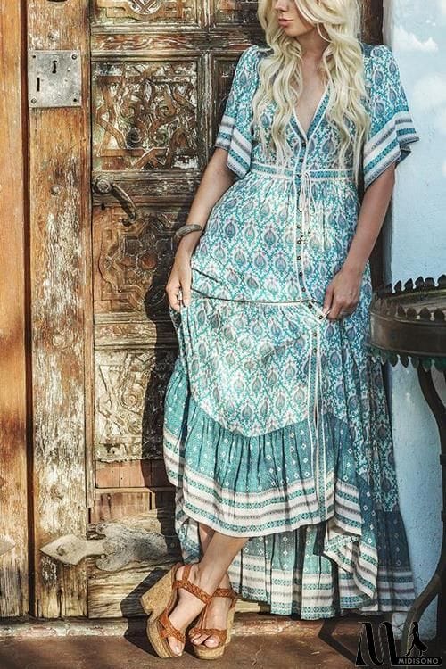 MidiSono - Print V Neck Short Sleeve Maxi Dress