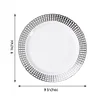10 Pack | 9" Silver Plaid Hot Stamped Rim White Plastic Dinner Plates, Disposable Checkered Rim Party Plates